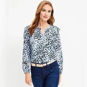 Ann Taylor LOFT Size Large Animal Print Ruffle Shoulder Long Sleeve Blouse Top